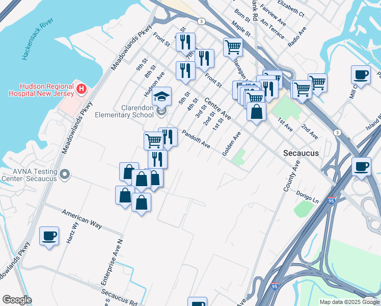 map of restaurants, bars, coffee shops, grocery stores, and more near 686 2nd Street in Secaucus