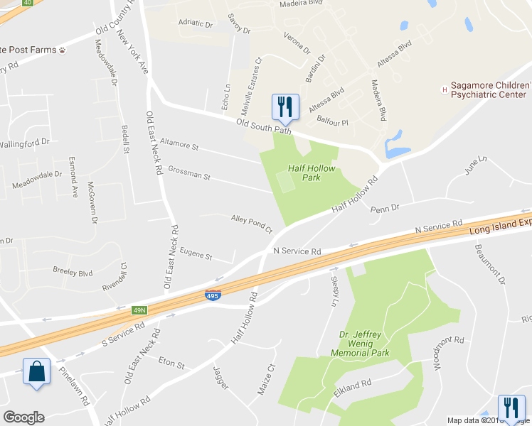 map of restaurants, bars, coffee shops, grocery stores, and more near 6 Alley Pond Court in Huntington Station