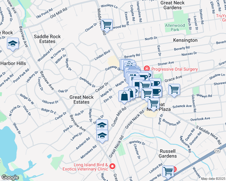 map of restaurants, bars, coffee shops, grocery stores, and more near 18 Hillside Ave in Great Neck