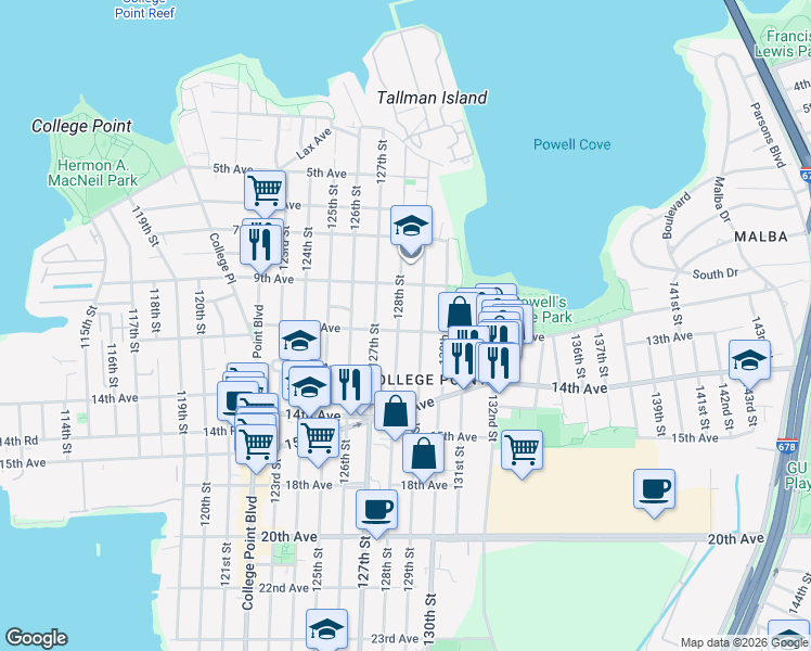 map of restaurants, bars, coffee shops, grocery stores, and more near 127-05 11th Avenue in Queens