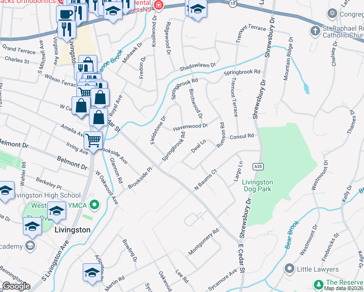 map of restaurants, bars, coffee shops, grocery stores, and more near 20 Springbrook Road in Livingston