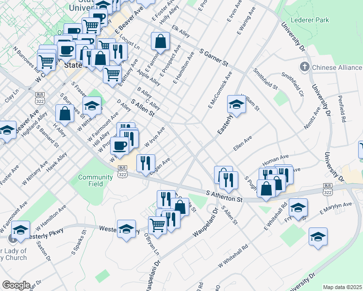map of restaurants, bars, coffee shops, grocery stores, and more near 916 South Allen Street in State College