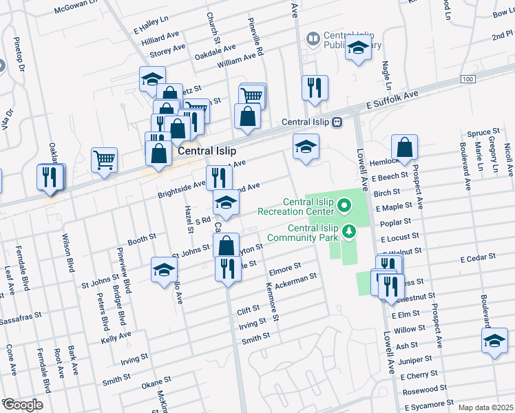 map of restaurants, bars, coffee shops, grocery stores, and more near 20 Third Avenue in Central Islip