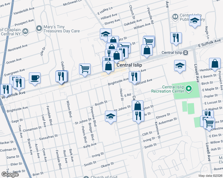 map of restaurants, bars, coffee shops, grocery stores, and more near 14 Cordello Avenue in Central Islip