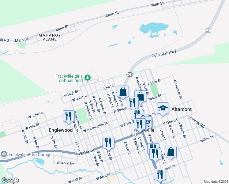 map of restaurants, bars, coffee shops, grocery stores, and more near 218 North Balliet Street in Frackville