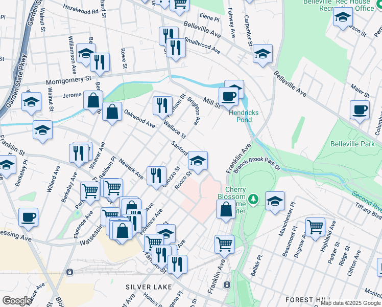 map of restaurants, bars, coffee shops, grocery stores, and more near 44 Sanford Avenue in Belleville