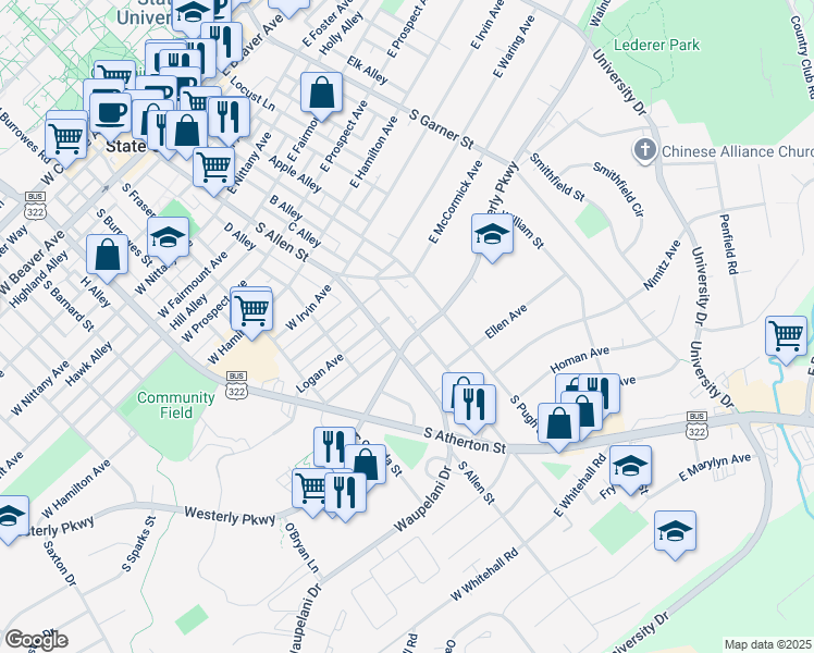 map of restaurants, bars, coffee shops, grocery stores, and more near 1012 Old Boalsburg Road in State College
