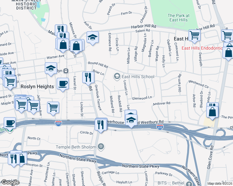 map of restaurants, bars, coffee shops, grocery stores, and more near 3 Rockhill Road in Roslyn Heights