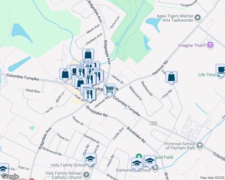 map of restaurants, bars, coffee shops, grocery stores, and more near 1 County Route 609 in Florham Park