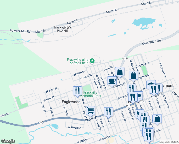 map of restaurants, bars, coffee shops, grocery stores, and more near 432 West High Street in Frackville
