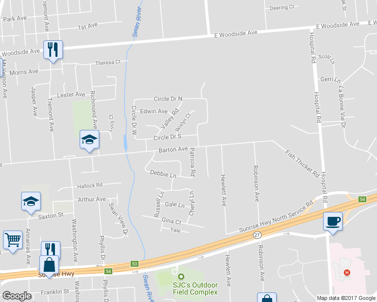 map of restaurants, bars, coffee shops, grocery stores, and more near 338 Barton Avenue in Patchogue