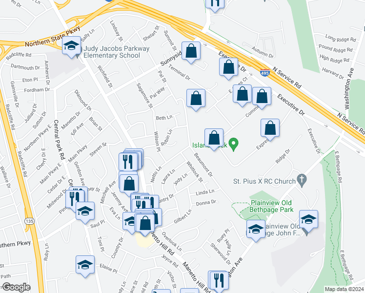 map of restaurants, bars, coffee shops, grocery stores, and more near 59 Netto Lane in Plainview