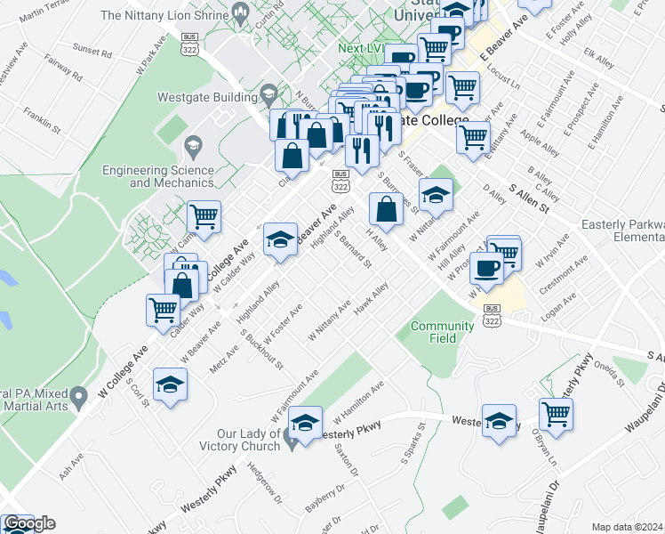 map of restaurants, bars, coffee shops, grocery stores, and more near 529 West Foster Avenue in State College