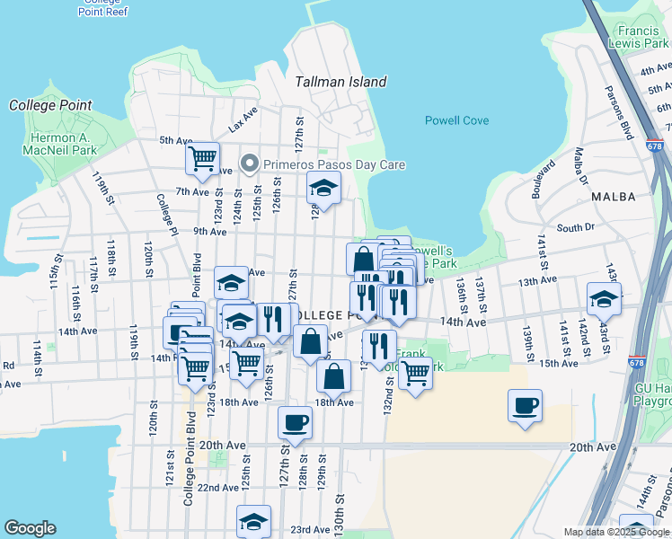 map of restaurants, bars, coffee shops, grocery stores, and more near 129-01 11th Avenue in Queens