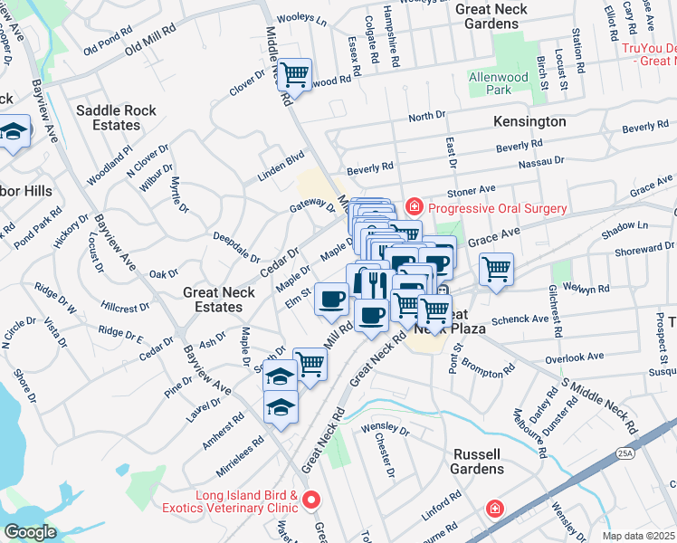 map of restaurants, bars, coffee shops, grocery stores, and more near 24 Elm St in Great Neck