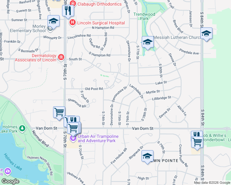 map of restaurants, bars, coffee shops, grocery stores, and more near 2315 Devonshire Drive in Lincoln