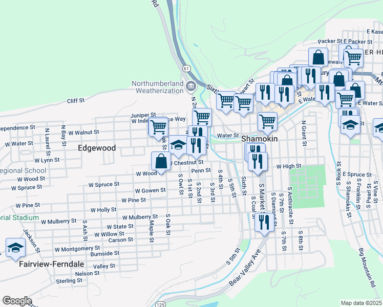 map of restaurants, bars, coffee shops, grocery stores, and more near 25 North 1st Street in Shamokin