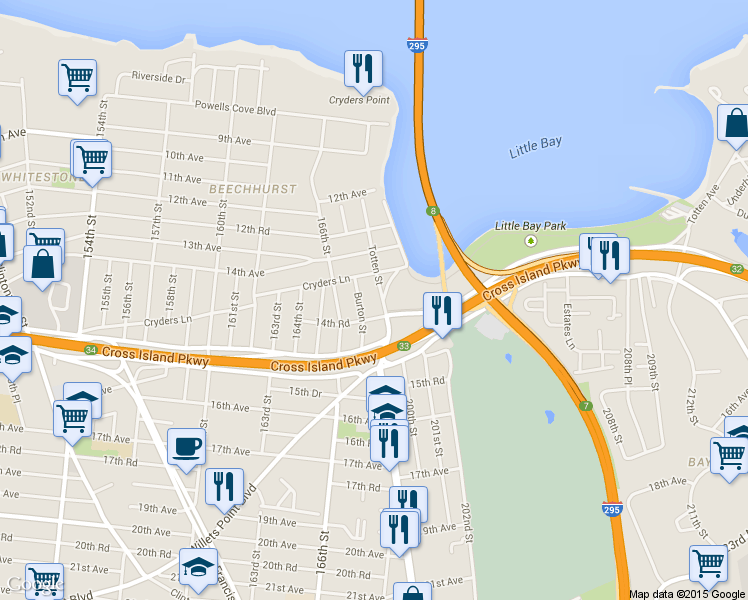 map of restaurants, bars, coffee shops, grocery stores, and more near 14-52 Utopia Parkway in Queens