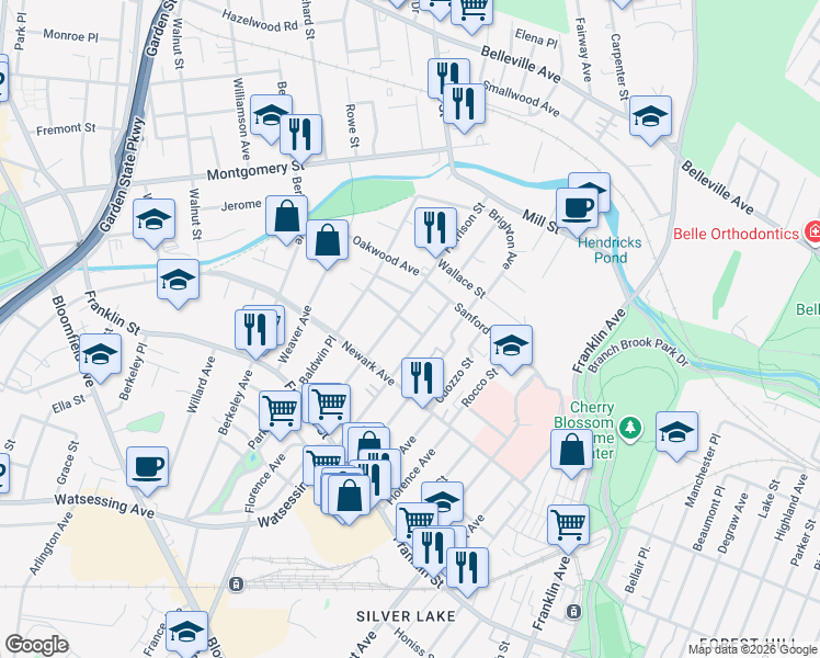 map of restaurants, bars, coffee shops, grocery stores, and more near 61 Watsessing Avenue in Belleville