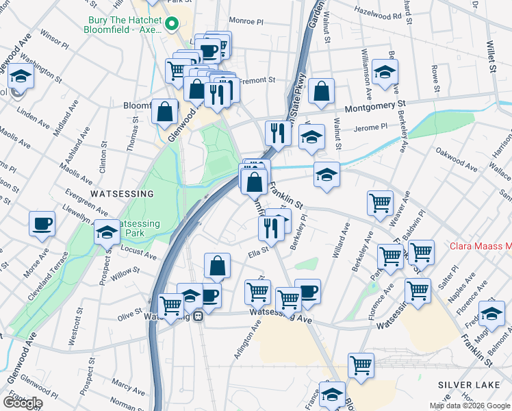 map of restaurants, bars, coffee shops, grocery stores, and more near 401 Bloomfield Avenue in Bloomfield