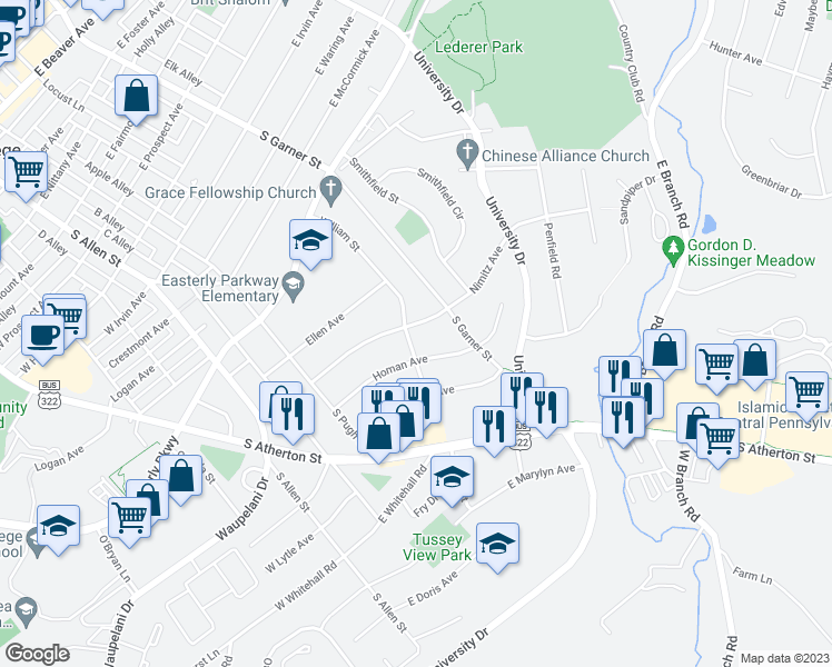 map of restaurants, bars, coffee shops, grocery stores, and more near 300 Nimitz Avenue in State College