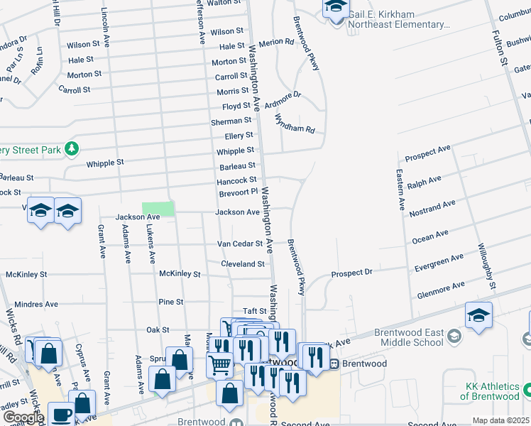 map of restaurants, bars, coffee shops, grocery stores, and more near 62 Jackson Avenue in Brentwood