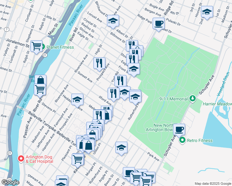 map of restaurants, bars, coffee shops, grocery stores, and more near 10 Willis Road in North Arlington
