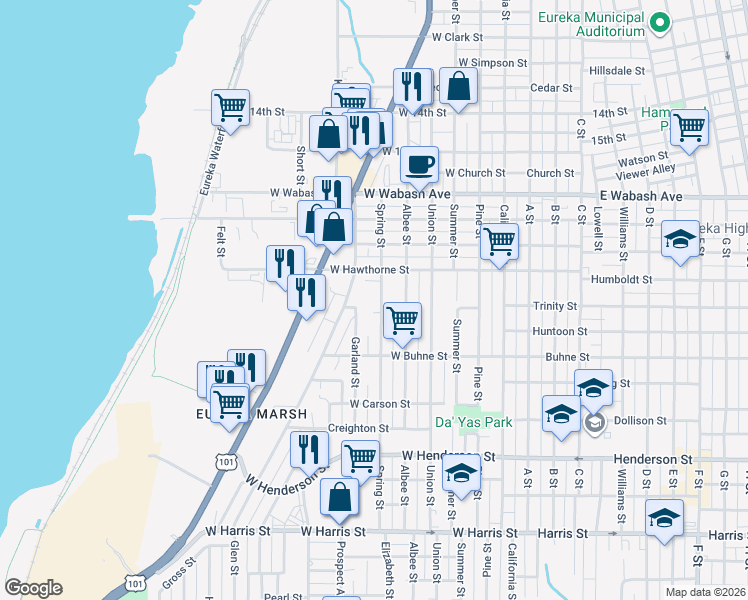 map of restaurants, bars, coffee shops, grocery stores, and more near 2154 Spring Street in Eureka