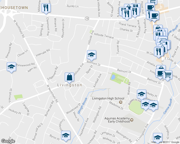map of restaurants, bars, coffee shops, grocery stores, and more near 22 Spier Drive in Livingston