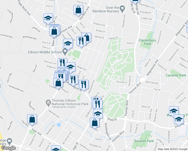 map of restaurants, bars, coffee shops, grocery stores, and more near 125 Watchung Avenue in West Orange