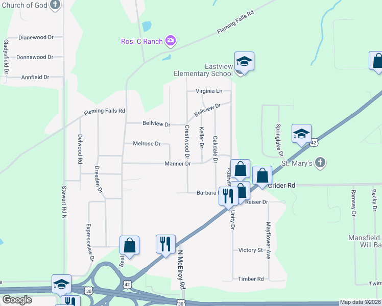 map of restaurants, bars, coffee shops, grocery stores, and more near 1090 Crestwood Drive in Mansfield