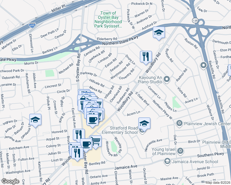 map of restaurants, bars, coffee shops, grocery stores, and more near 14 Clearland Road in Syosset