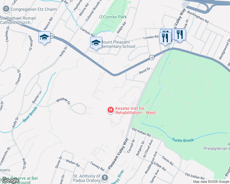 map of restaurants, bars, coffee shops, grocery stores, and more near 22 Skyline Drive in West Orange