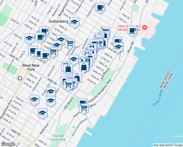 map of restaurants, bars, coffee shops, grocery stores, and more near 44 63rd Street in West New York