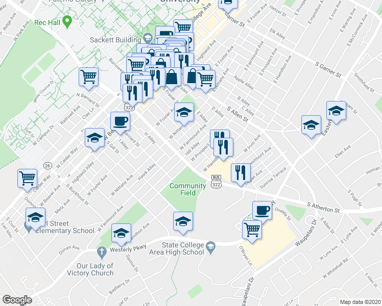map of restaurants, bars, coffee shops, grocery stores, and more near 317 West Prospect Avenue in State College