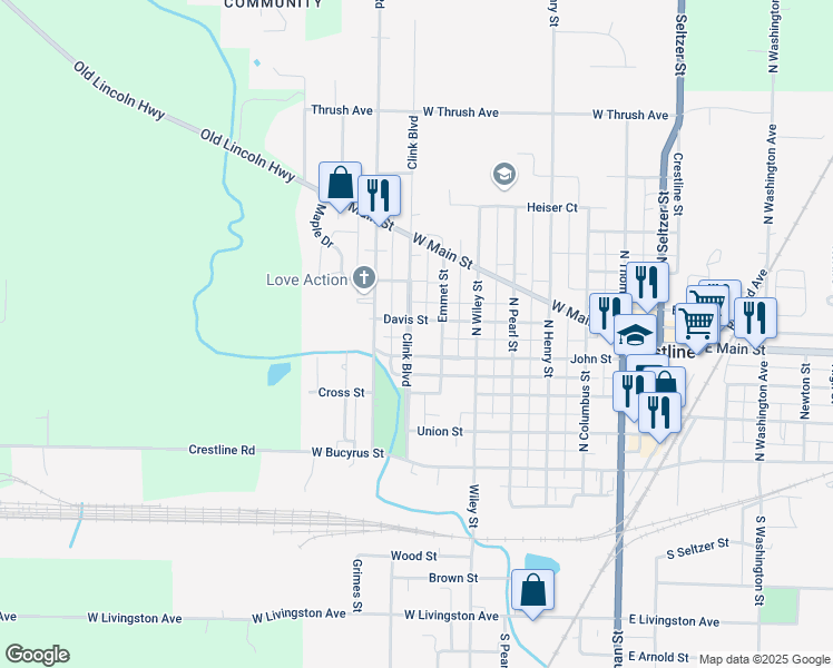 map of restaurants, bars, coffee shops, grocery stores, and more near 339 Clink Boulevard in Crestline