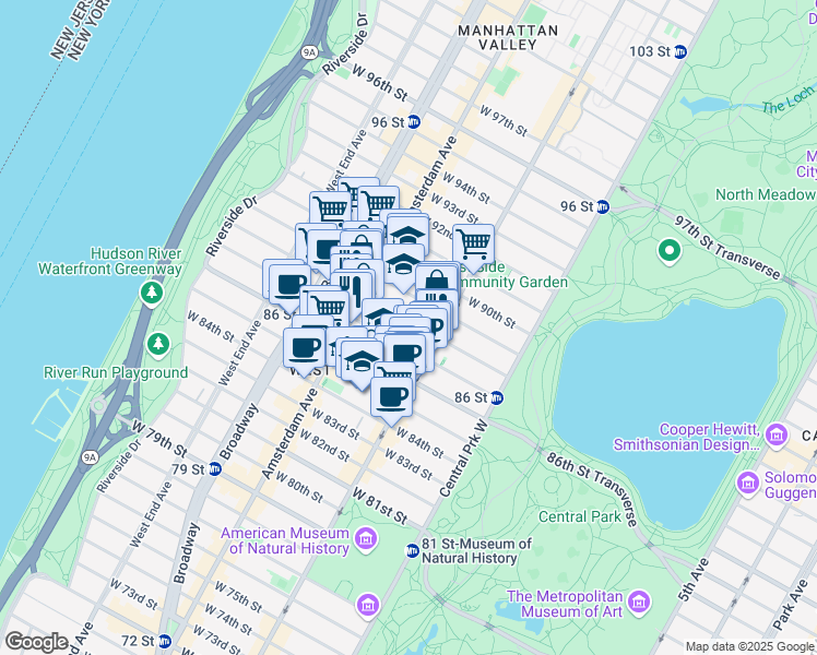map of restaurants, bars, coffee shops, grocery stores, and more near 134 West 88th Street in New York