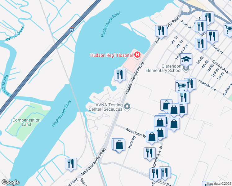 map of restaurants, bars, coffee shops, grocery stores, and more near 32 Marina Key in Secaucus