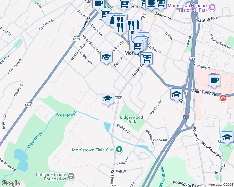 map of restaurants, bars, coffee shops, grocery stores, and more near 65 James Street in Morristown