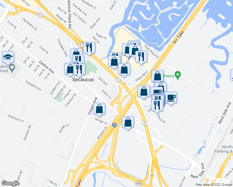 map of restaurants, bars, coffee shops, grocery stores, and more near 41 Green Valley Court in Secaucus
