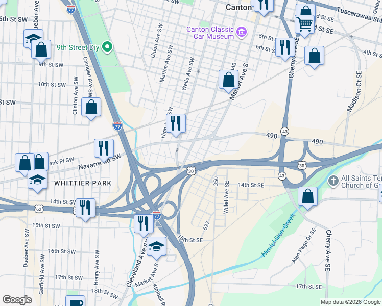 map of restaurants, bars, coffee shops, grocery stores, and more near 1226 Cleveland Avenue Southwest in Canton