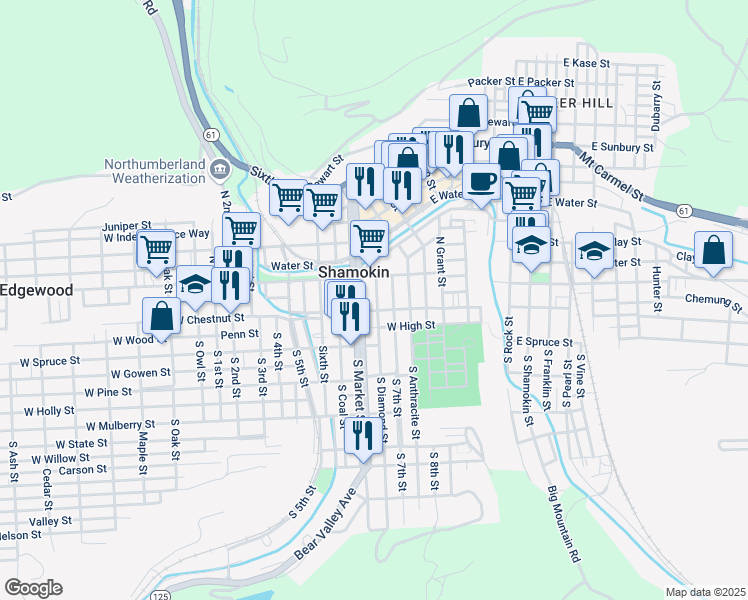 map of restaurants, bars, coffee shops, grocery stores, and more near 14 North Diamond Street in Shamokin