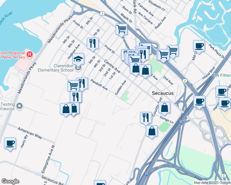 map of restaurants, bars, coffee shops, grocery stores, and more near 166 Pandolfi Avenue in Secaucus