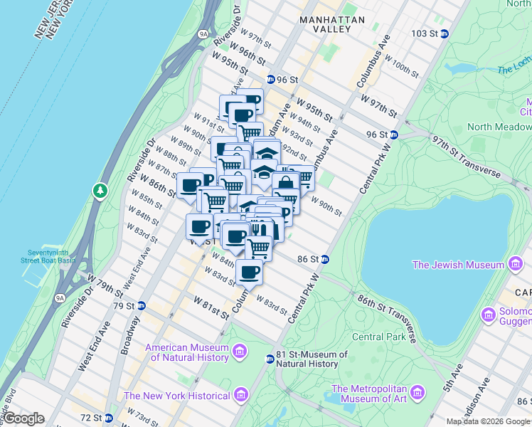 map of restaurants, bars, coffee shops, grocery stores, and more near 136w West 88th Street in New York