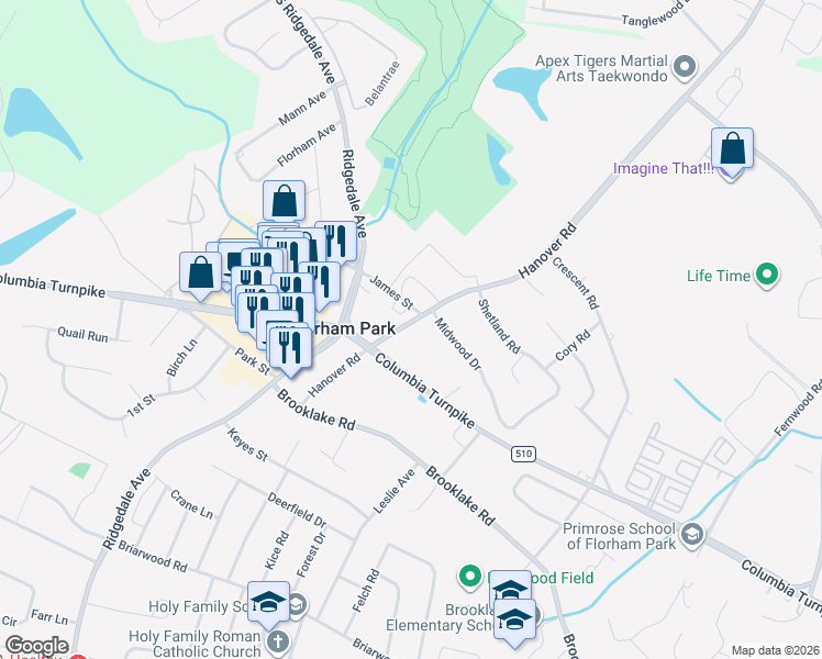 map of restaurants, bars, coffee shops, grocery stores, and more near 6 Hanover Road in Florham Park