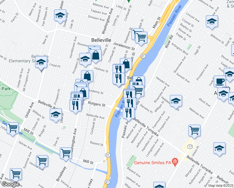 map of restaurants, bars, coffee shops, grocery stores, and more near 223 Main Street in Belleville