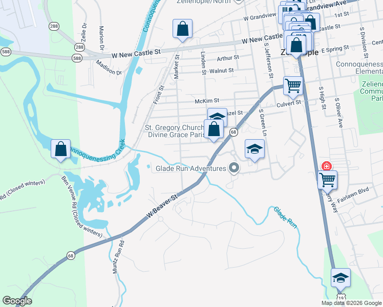 map of restaurants, bars, coffee shops, grocery stores, and more near 602 Market Street in Zelienople