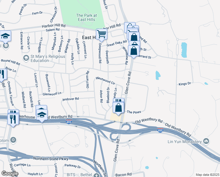 map of restaurants, bars, coffee shops, grocery stores, and more near 10 Bluebird Drive in Roslyn Heights