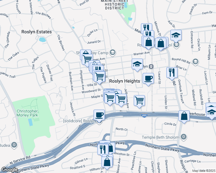 map of restaurants, bars, coffee shops, grocery stores, and more near 47 Madison Place in Roslyn Heights