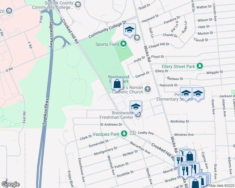 map of restaurants, bars, coffee shops, grocery stores, and more near 355 Crooked Hill Road in Brentwood